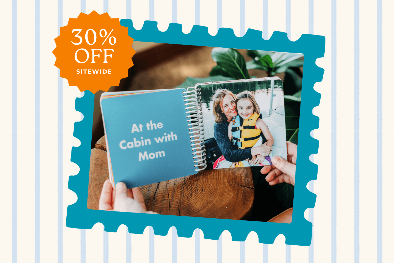 Personalized photo book featuring a mother and daughter on a summer adventure, promoting Pinhole Press’ Labor Day Sale with 30% off sitewide.